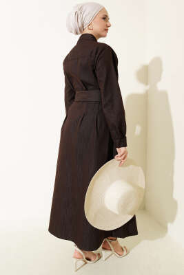 Pensli Boydan Düğmeli Gabardin Elbise Kahve - Elbise