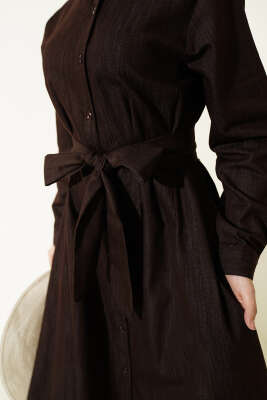 Pensli Boydan Düğmeli Gabardin Elbise Kahve - Elbise