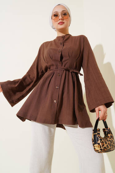 Pensli İp Detaylı Tunik Kahve - Tunik