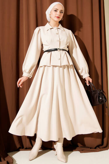 Pensli Kemerli Etekli İkili Takım Bej - İkili Takım