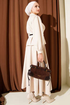 Pensli Kemerli Etekli İkili Takım Bej - İkili Takım