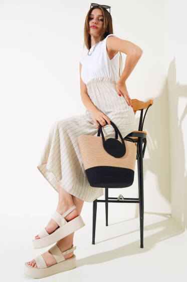 Penye Garnili Çizgili Elbise Siyah - Yeni Giyim