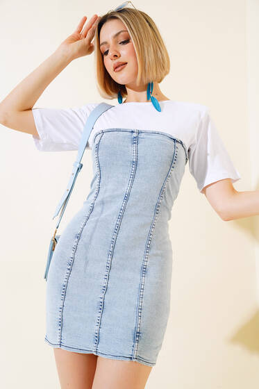 Penye Garnili Kot Elbise Buz Mavisi - Kadın Giyim Modelleri