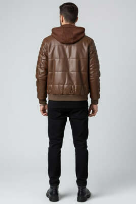 Penye Kapüşonlu Erkek Deri Mont Kahve - Erkek Mont