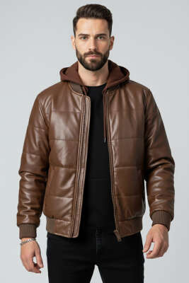 Penye Kapüşonlu Erkek Deri Mont Kahve - BY MAMİ