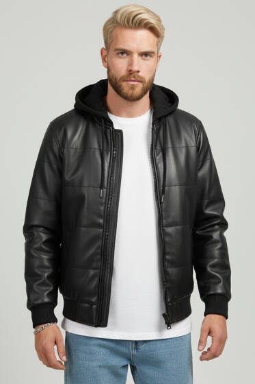 Penye Kapüşonlu Erkek Deri Mont Siyah - Erkek Mont