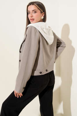 Penye Kapüşonlu Kısa Ceket Bej - Kadın Giyim Modelleri