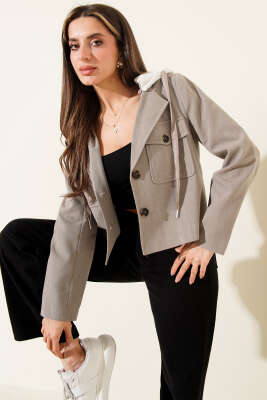 Penye Kapüşonlu Kısa Ceket Bej - QUZU