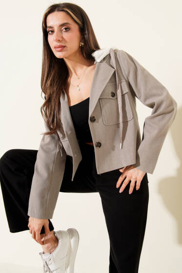 Penye Kapüşonlu Kısa Ceket Bej - Kadın Giyim Modelleri