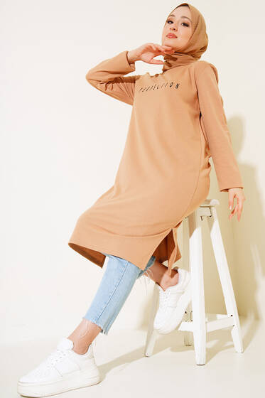 Perfection Baskılı Uzun Tunik Camel - Tunik