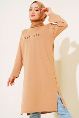 Perfection Baskılı Uzun Tunik Camel - Tunik