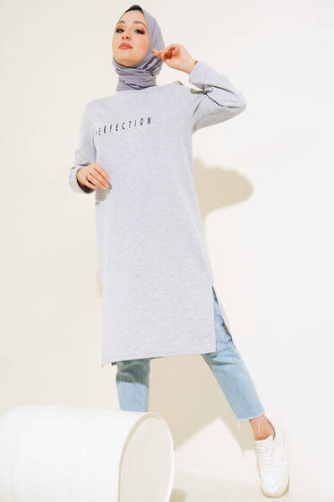 Perfection Baskılı Uzun Tunik Gri - Tunik