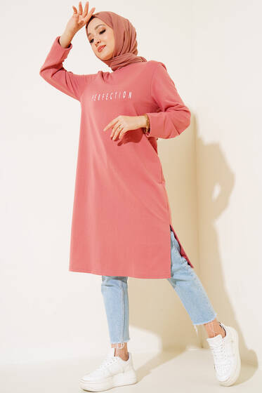 Perfection Baskılı Uzun Tunik Gül Kurusu - Tunik