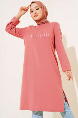 Perfection Baskılı Uzun Tunik Gül Kurusu - Tunik