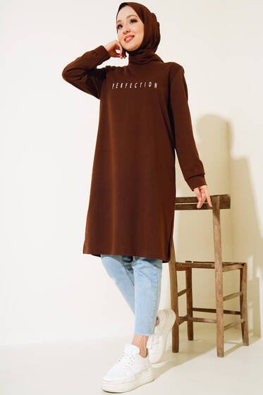 Perfection Baskılı Uzun Tunik Kahve - Tunik