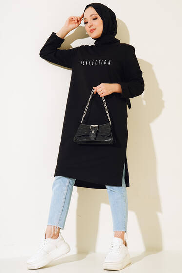 Perfection Baskılı Uzun Tunik Siyah - Tunik