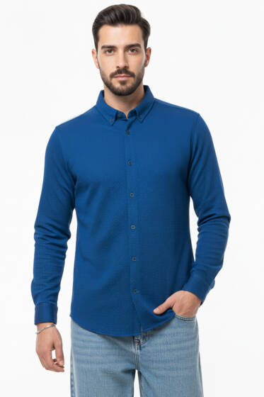 Petek Desenli Erkek Gömlek İndigo - Erkek Gömlek