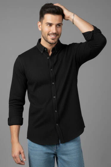 Petek Desenli Erkek Gömlek Siyah - Erkek Gömlek