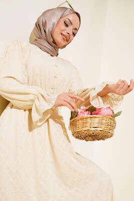 Petek Desenli Jakar Elbise Bej 