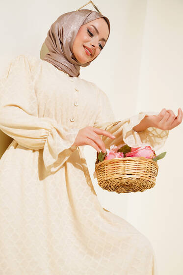 Petek Desenli Jakar Elbise Bej - Tesettür Elbise