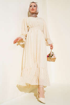 Petek Desenli Jakar Elbise Bej - Tesettür Elbise