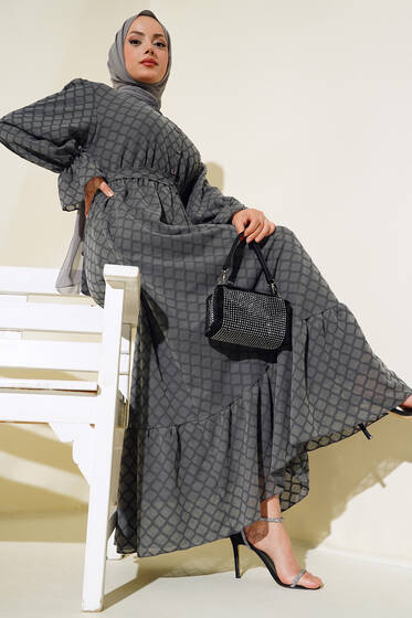 Petek Desenli Jakar Elbise Füme - Elbise