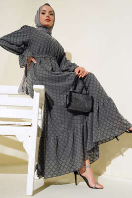 Petek Desenli Jakar Elbise Füme - Tesettür Elbise