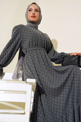 Petek Desenli Jakar Elbise Füme - Tesettür Elbise