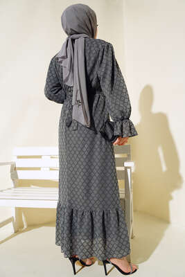 Petek Desenli Jakar Elbise Füme - Tesettür Elbise