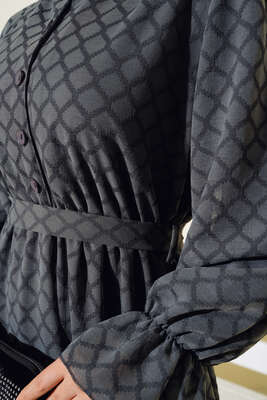 Petek Desenli Jakar Elbise Füme - Tesettür Elbise