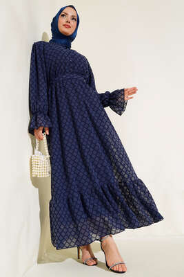 Petek Desenli Jakar Elbise Lacivert 