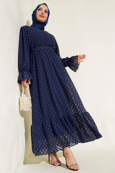 Petek Desenli Jakar Elbise Lacivert - Tesettür Elbise