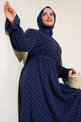 Petek Desenli Jakar Elbise Lacivert - Tesettür Elbise