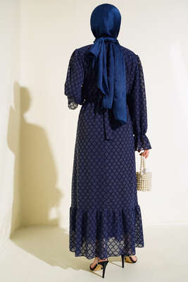 Petek Desenli Jakar Elbise Lacivert - Tesettür Elbise