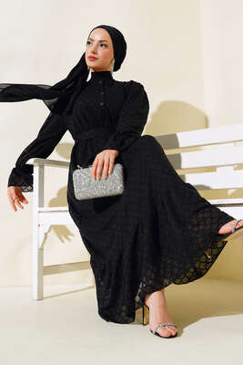 Petek Desenli Jakar Elbise Siyah 