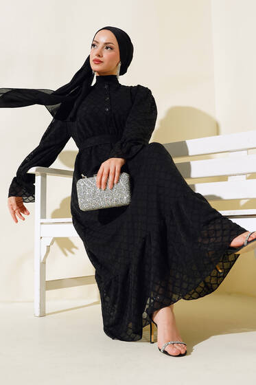 Petek Desenli Jakar Elbise Siyah - Tesettür Elbise