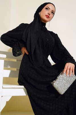 Petek Desenli Jakar Elbise Siyah - Tesettür Elbise