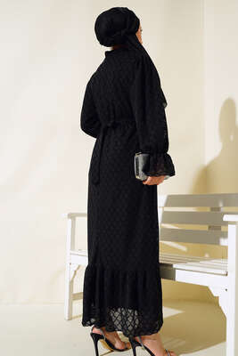 Petek Desenli Jakar Elbise Siyah - Tesettür Elbise