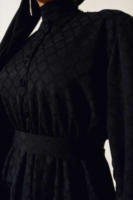 Petek Desenli Jakar Elbise Siyah - Tesettür Elbise