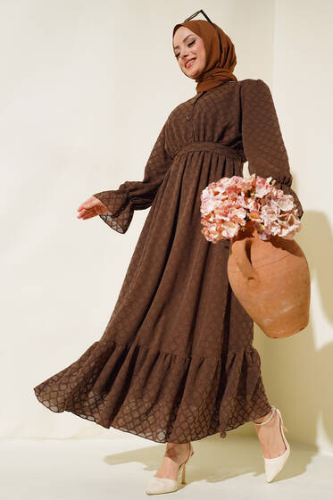 Petek Desenli Jakar Elbise Taba - Tesettür Elbise