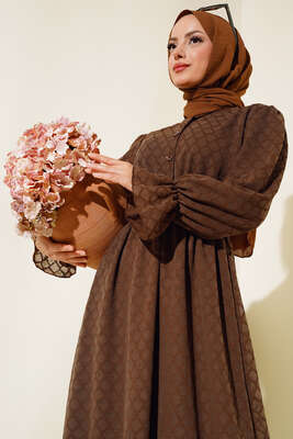 Petek Desenli Jakar Elbise Taba - Tesettür Elbise