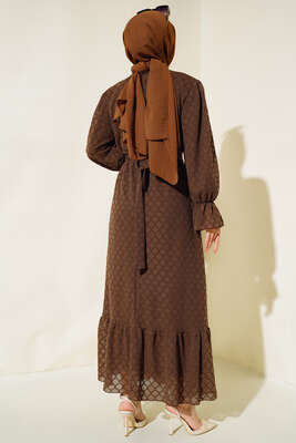 Petek Desenli Jakar Elbise Taba - Tesettür Elbise