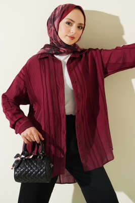 Petek Şeritli Oversize Gömlek Bordo 