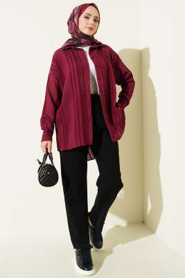 Petek Şeritli Oversize Gömlek Bordo - Gömlek