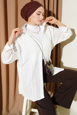 Petek Şeritli Oversize Gömlek Ekru - NEVA MODA