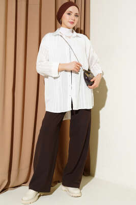 Petek Şeritli Oversize Gömlek Ekru - Gömlek