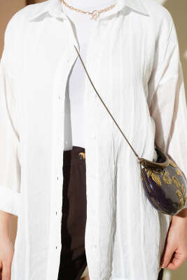 Petek Şeritli Oversize Gömlek Ekru - Gömlek