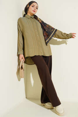 Petek Şeritli Oversize Gömlek Haki - Gömlek