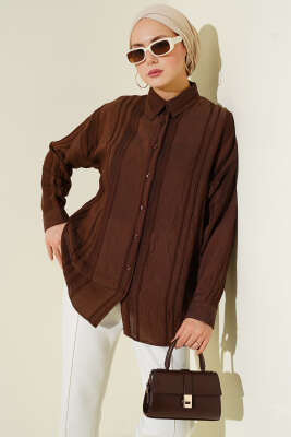 Petek Şeritli Oversize Gömlek Kahve - NEVA MODA