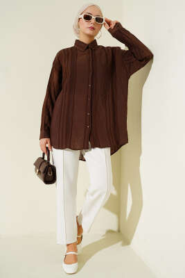 Petek Şeritli Oversize Gömlek Kahve - Gömlek